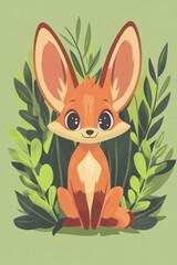 Fennec fox sitting in foliage, nature background, children's illustration