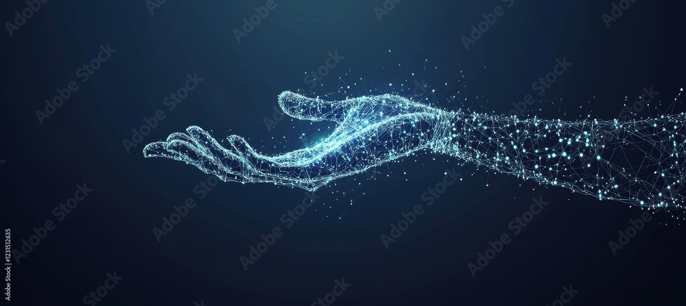 Poster digital hand reaching out to connect with nodes of a neural network on dark blue background