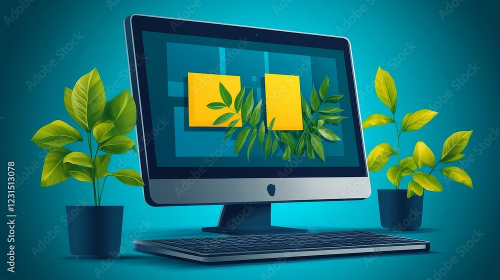Poster digital workspace concept with lush foliage and sticky notes on a computer screen