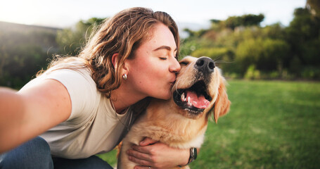 Woman, kiss and selfie with dog on grass field for picture, memory or companion in nature. Female person, labrador or golden retriever with hug or affection for capture, support or care for pet - obrazy, fototapety, plakaty