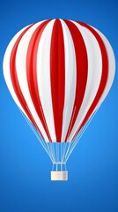 Red and white striped hot air balloon ascending against a clear blue sky