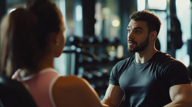 Gym trainer consulting client, workout plan discussion, fitness center background, healthy lifestyle advice