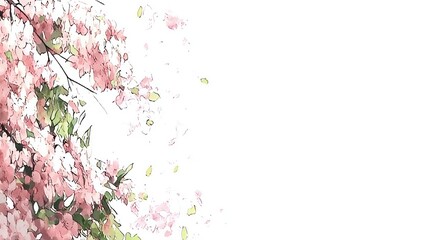Obraz premium Pink blossoms falling, spring breeze, white background, nature scene, website header