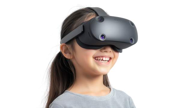 Excitement of a child wearing virtual reality headset while smiling during playtime at home