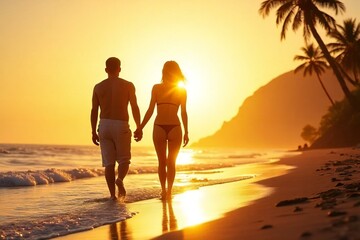 A Couple Walking on Beach at Sunset.