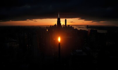Fototapeta premium NYC sunrise, burning candle, cityscape, dramatic sky, hope
