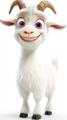 Obraz premium Happy cartoon goat, white fur, isolated, digital art, children's book