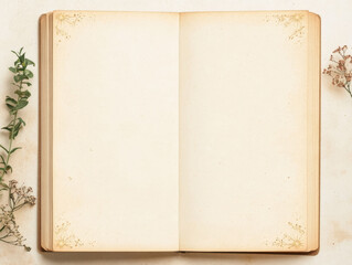 Open antique book with blank pages, adorned with delicate floral details.  Perfect for adding your own text or images.