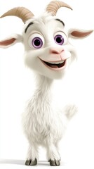 Happy cartoon goat, white fur, waving, isolated, children's book illustration