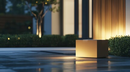 Small branded box on doorstep with blank logo space, illustrating delivery services