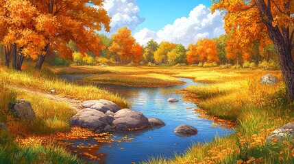 Obraz premium Serene Autumn Creek Golden Leaves, Blue Water, and Peaceful Forest