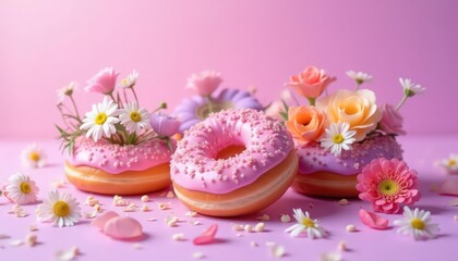 Delicate Pink Donuts Decorated with Fresh Flowers