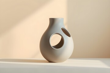 3d render. Matte ceramic vase with abstract geometric cutouts in soft natural lighting