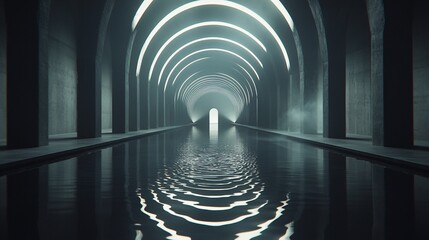 Reflective water in futuristic arched hallway with glowing lights.