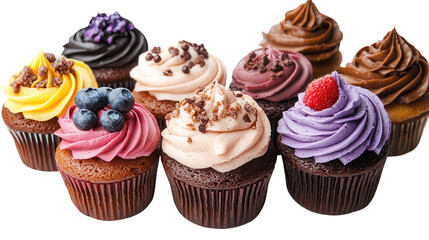 Colorful assortment of cupcakes with various toppings and frosting displayed on a white background