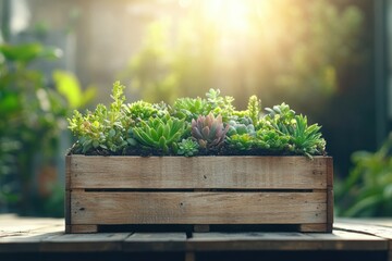 Brightly lit succulent arrangement in a rustic wooden planter during late afternoon