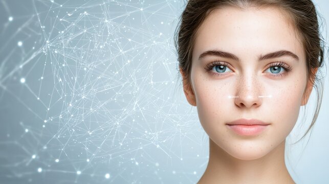 A young woman with clear skin and intense eyes is depicted against a digital background of interconnected dots and lines, suggesting technology and innovation.