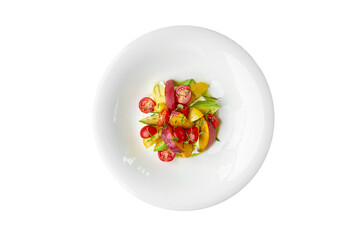 A vibrant and refreshing summer salad featuring ripe tomatoes, creamy avocado, and sweet peaches. The salad is tossed in a light vinaigrette and served on a bed of fresh greens.