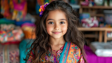 Fototapeta premium Girl smiles, colorful clothing, market background, happy child portrait