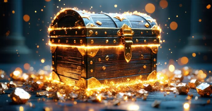 Ancient wooden treasure chest adorned with golden accents glows intensely, hinting at hidden wealth, valuable secrets, and financial rewards waiting to be uncovered