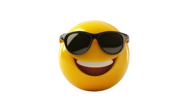 Happy yellow emoji wearing sunglasses with a wide smile and cheerful expression