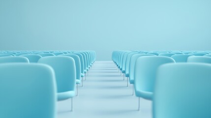Empty Stadium Seat Rows of empty blue stadium seats stretching into the distance, soft daylight illuminates the scene, evoking a sense of anticipation