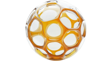 Unique glass ball with intriguing hollow designs showcasing amber color and light reflection