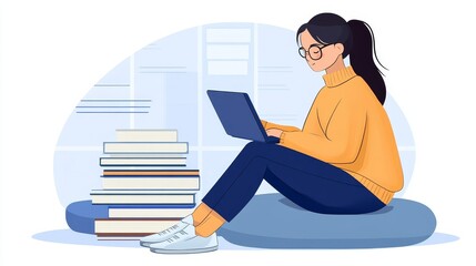 Young woman studying or working on laptop, sitting comfortably on floor cushion