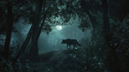 Lone wolf walking moonlit forest path, misty night