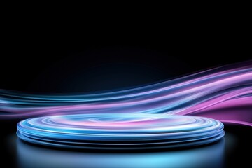 Abstract futuristic podium with swirling neon blue and pink light trails on dark background. Suitable for modern tech branding or digital product displays.