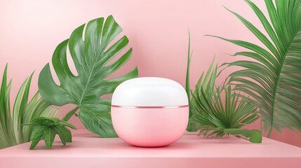 Fototapeta premium A pink-themed cosmetic container is elegantly set against lush green leaves, creating a fresh and vibrant aesthetic.