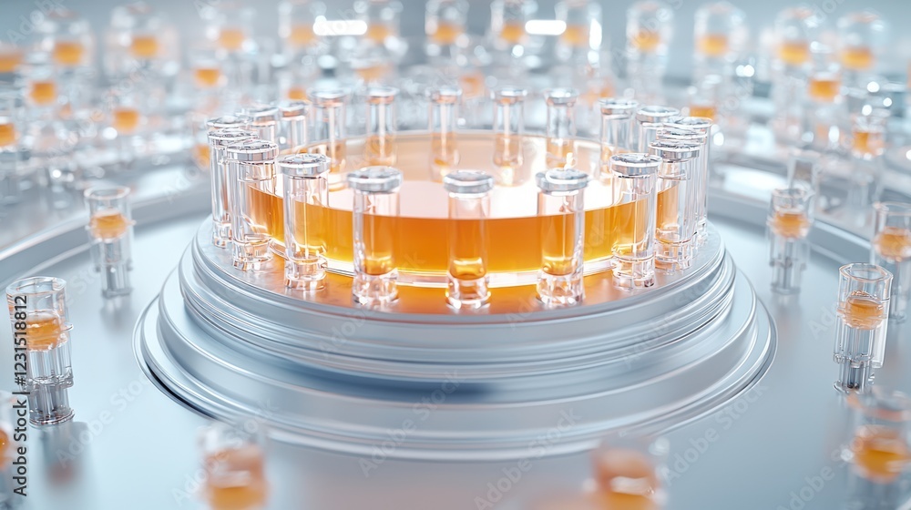 Poster a close-up of a circular arrangement of clear vials containing an orange liquid, set against a shiny