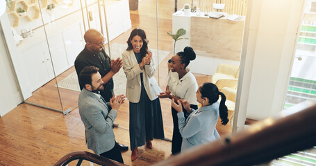 Business people, happy and applause in office for achievement, positive feedback and support....