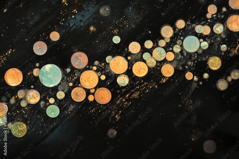 Poster abstract arrangement of iridescent bubbles floating on a dark surface for a magical effect