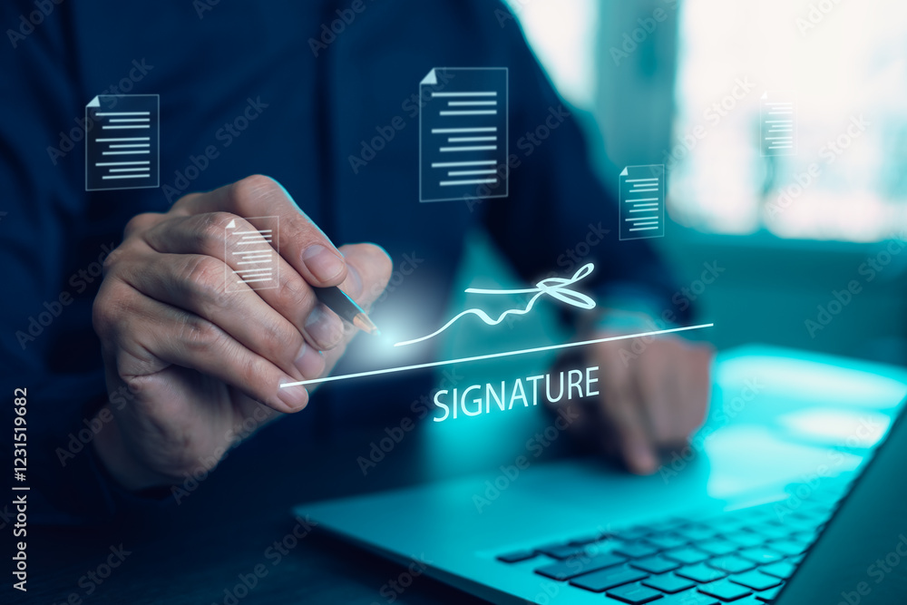 Poster a business professional signing a digital document using an electronic signature on a futuristic int