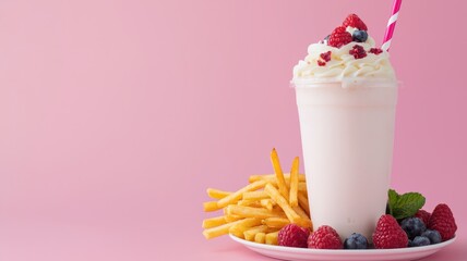 Delicious milkshake and fries with fresh fruit, perfect for your next promotion or message. Ideal blank space included!