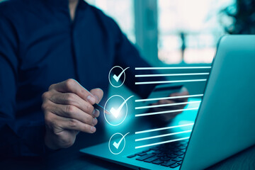 checklist and clipboard task documentation management, business people working laptop checklist...