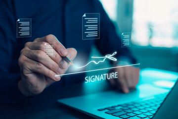A business professional signing a digital document using an electronic signature on a futuristic...