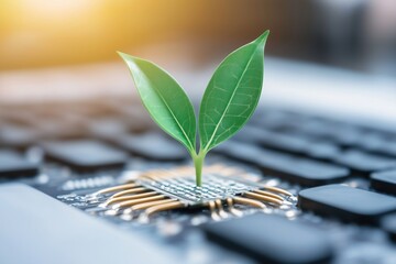Green sprout emerging from a computer circuit on a blurred background with warm light. Symbol of sustainable technology and green energy.