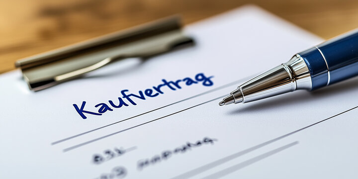 Kaufvertrag der zur Unterschrift ist. Kugelschreiber liegt auf dem Tisch. Vertrag - Kaufen - Unterschrift