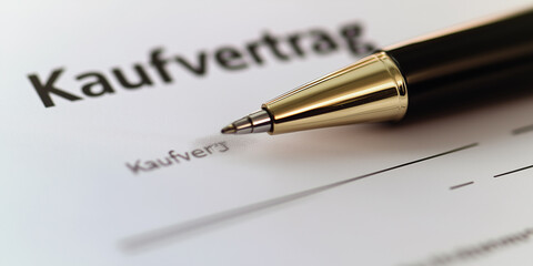 Kaufvertrag der zur Unterschrift ist. Kugelschreiber liegt auf dem Tisch. Vertrag - Kaufen - Unterschrift