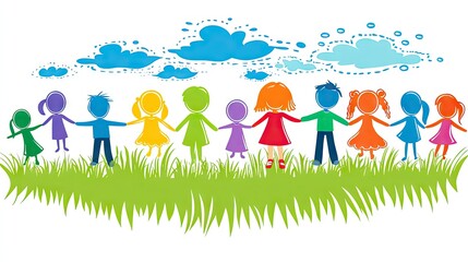 Colorful kids holding hands, grassy field, cloudy sky, friendship illustration, education