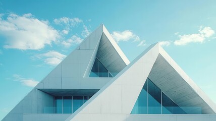 Abstract triangular roofline of a contemporary art gallery, symbolizing harmony between art and modern architecture