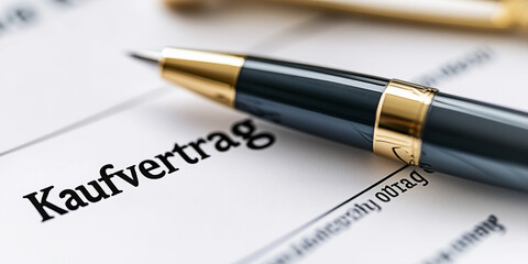 Kaufvertrag der zur Unterschrift ist. Kugelschreiber liegt auf dem Tisch. Vertrag - Kaufen - Unterschrift