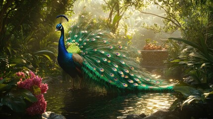Obraz premium Majestic peacock displays feathers near jungle stream