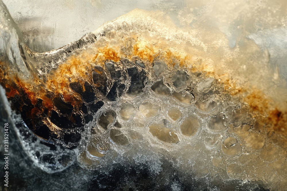 Poster abstract frost patterns on a glass surface with intricate textures and soft light reflections