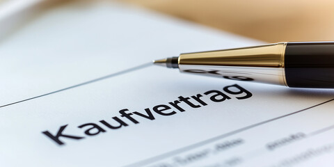 Fototapeta premium Kaufvertrag der zur Unterschrift ist. Kugelschreiber liegt auf dem Tisch. Vertrag - Kaufen - Unterschrift