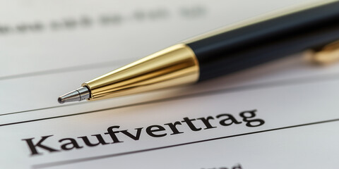 Kaufvertrag der zur Unterschrift ist. Kugelschreiber liegt auf dem Tisch. Vertrag - Kaufen - Unterschrift