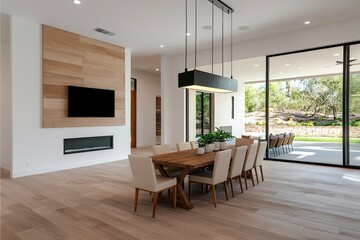 Modern Dining Room with Elegant Wooden Table and Large Windows Overlooking Scenic View