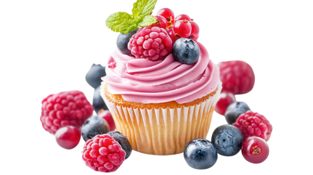 Delicious cupcake topped with berry frosting and fresh fruits at a bright kitchen setting